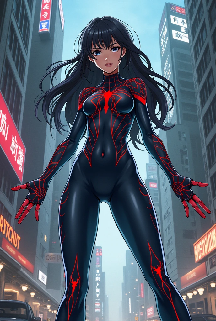 Generate a full body image of a beautiful girl with a powerful spider type quirk in my hero academia 