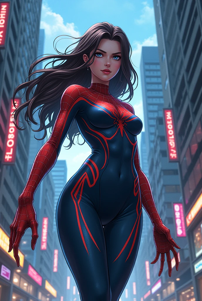 Generate a full body image of a beautiful girl with a powerful spider type quirk in my hero academia