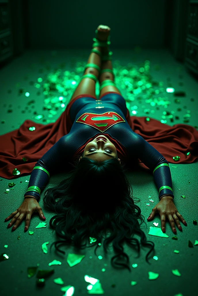 A BONDAGE SCENE WHERE A HOT SUPERGIRL WITH LONG BLACK HAIR WEARING HER ICONIC SUPERGIRL OUTFIT AND CAPE, HER HANDS, FEET AND WASTE TIED UP WITH GLOWING GREEN KRYPTONITE ROPE LAYING HELPLESSLY ON THE FLOOR COVERD IN KRYPTONITE SHARDS, IN A PITCH BLACK ROOM. INCREDIBLE DETAILS, HYPER DETAILED IN 8K RESOLUTION