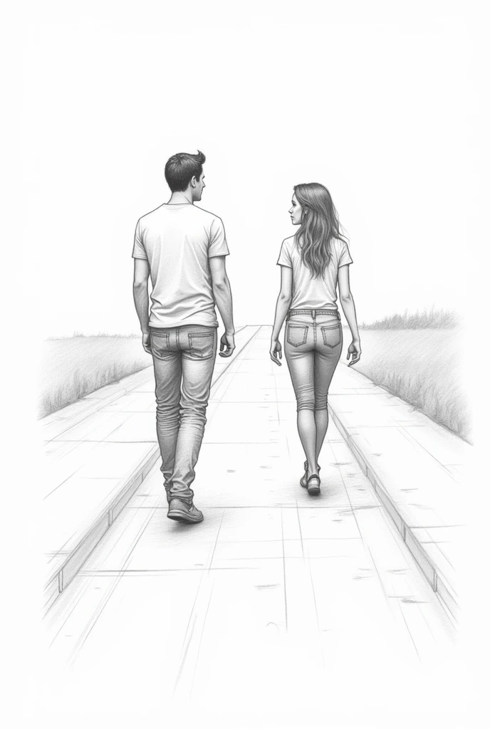 A pencil sketch of a man walking along a pathway who is wearing a t shirt and a denim suddenly meet face to face a woman who is coming to his direction from opposite side wearing a t shirt and a denim