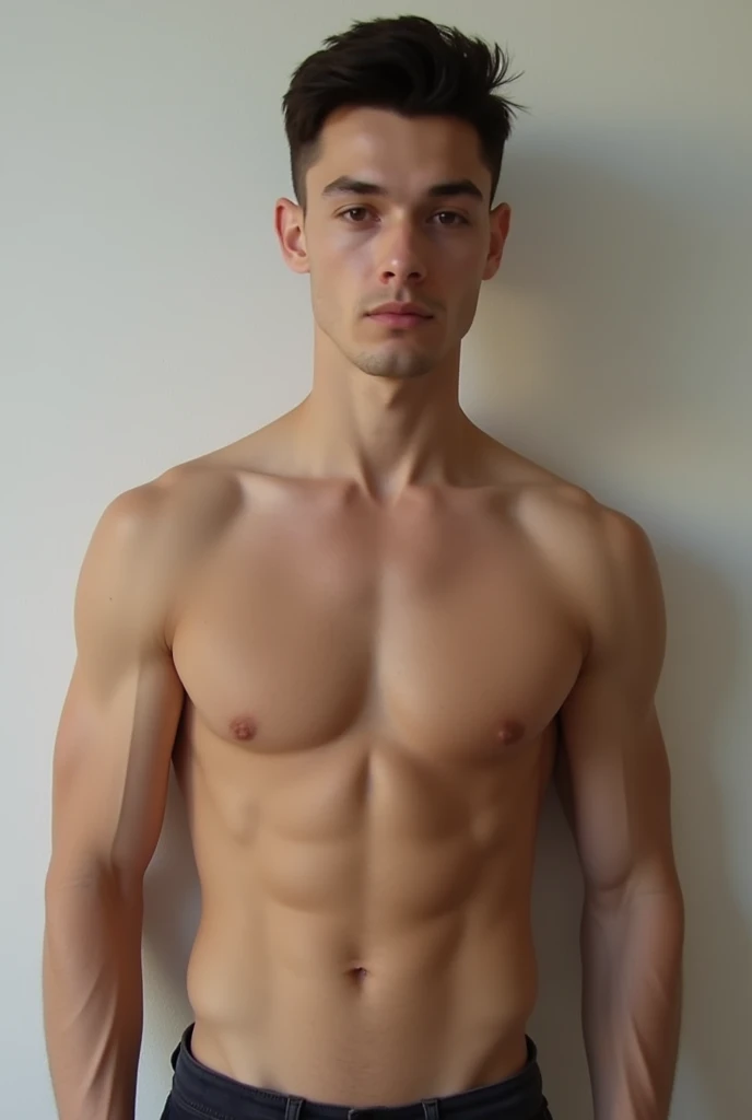 generate a young hot boy with abs and middle par hair naked