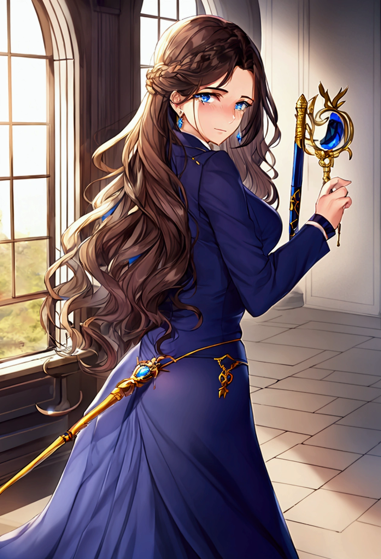 A woman with wavy dark brown hair and blue eyes pointing her wand at a man from behind, she was crying.