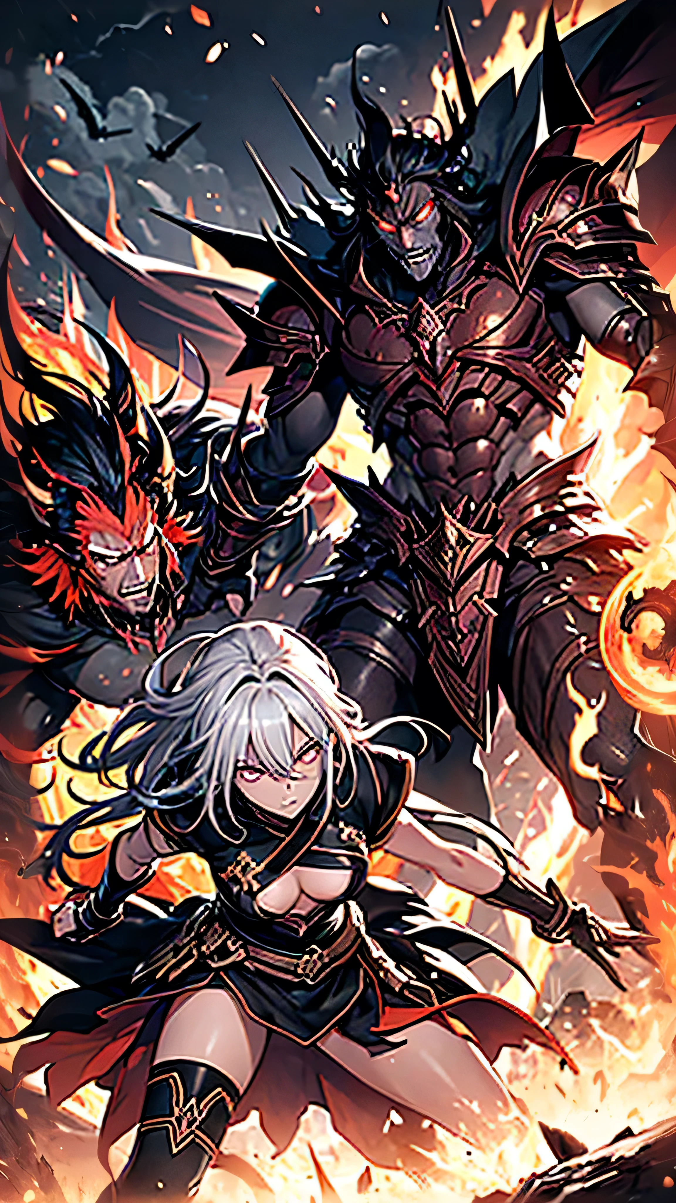 a man with nightmare flames of terror and in a battle with the female hero and her party the pure heared warriors