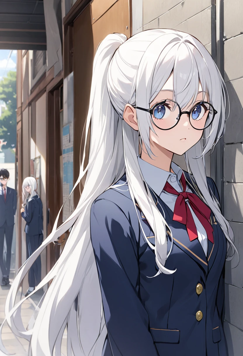 、Appearance（Long Hair、Pure white hair、Ponytail,Round Glasses）clothing（High School Uniform,blazer）