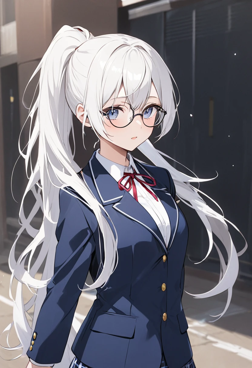、Appearance(Long Hair、Pure white hair、Ponytail,Round Glasses)clothing(High School Uniform,blazer)