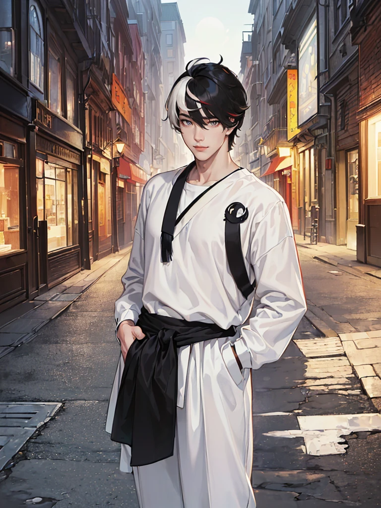 ((highest quallity, work of art, 4K, finely detailled, detailedeyes, face detailed, gelbooru, pixiv)), warm lighting, ((standing alone)), 1 men, bonitas, masculine, adult man, broadshouldered, close do rosto, ((black hair with white streak in the bangs), portraite, seducing smile. looking ahead at viewer, ((lazy eyes, half covered, white eyes with white pupils)), wearing modern clothes, a black t-shirt with a moon design, black zaquets, standing, hands in pockets, ((black hair with white streak in the bangs, shorth hair, shaggy hairstyle, Messy hair)), city background