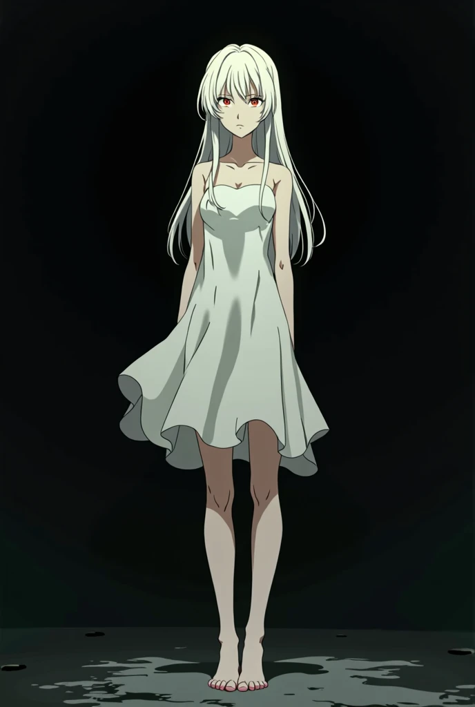 The image is in the style of a Ghibli studio anime., although somewhat gloomy and adult, It features a 20-year-old albino adult woman.. She is standing in front of a completely black wall, She has long hair and red eyes. She has a white dress that reaches her knees.. strong thighs. barefoot. 
