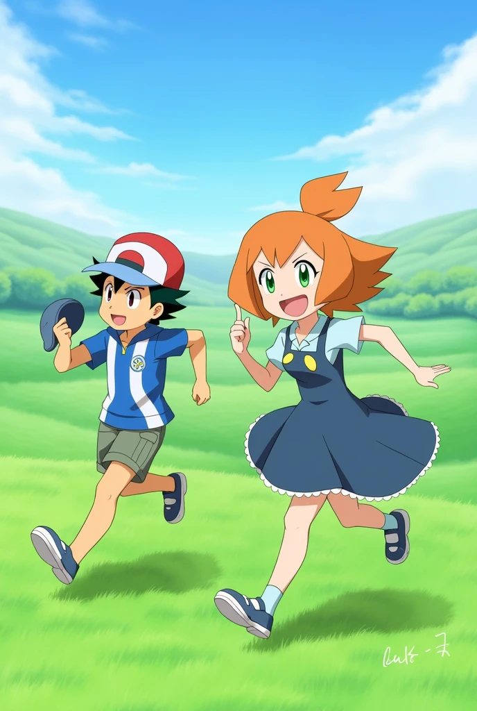Make Ash and Misty from Pokemon .
Misty runs happily after taking Ash's cap. .
Ash is chasing Misty.
That Ash has his brown eyes and she has green ones