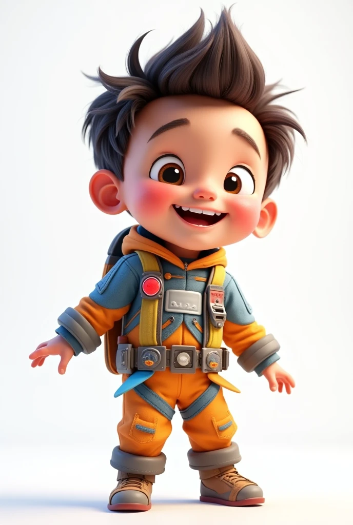 a happy and cute boy with short hair, wearing a space costume, , white background, the child, tom, Pixar-style, ....3d, Cartoon s, face detailed, asymmetric 16k