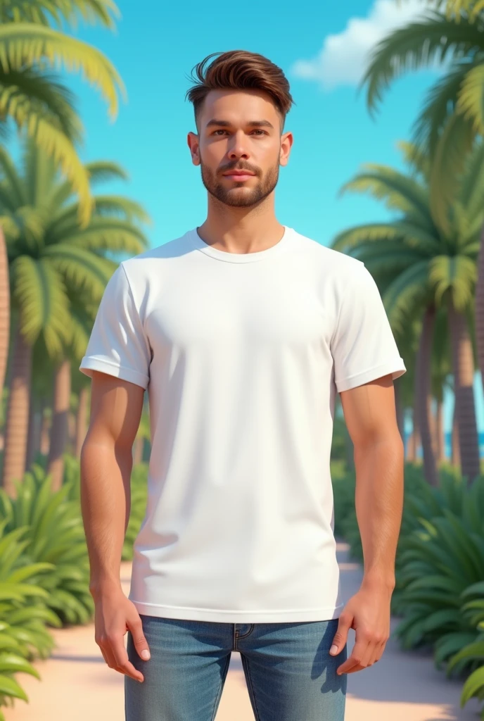 Create a common looking male model, wearing a plain white streetwear style t-shirt. Com background tropical