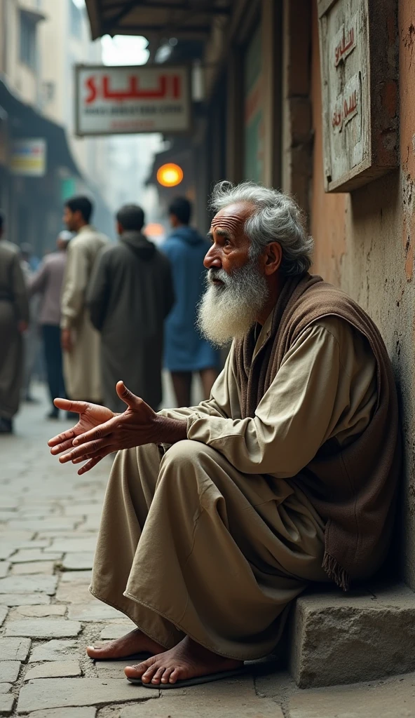 A Muslim beggar man is sitting in the corner of the street
