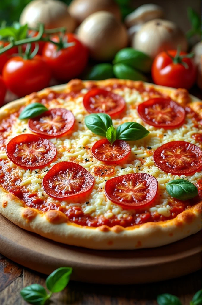 Images and graphics that include pizza ingredients and cooking-related items.