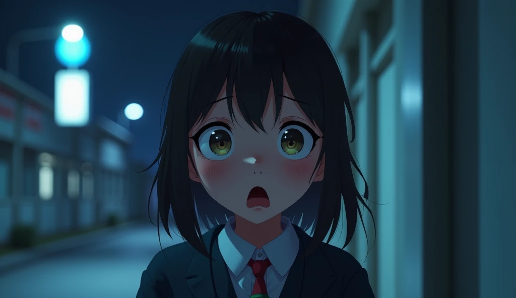 20 years school girl,in night time,in uniform,, illustration image,she was with a frightened expression,3d image 
