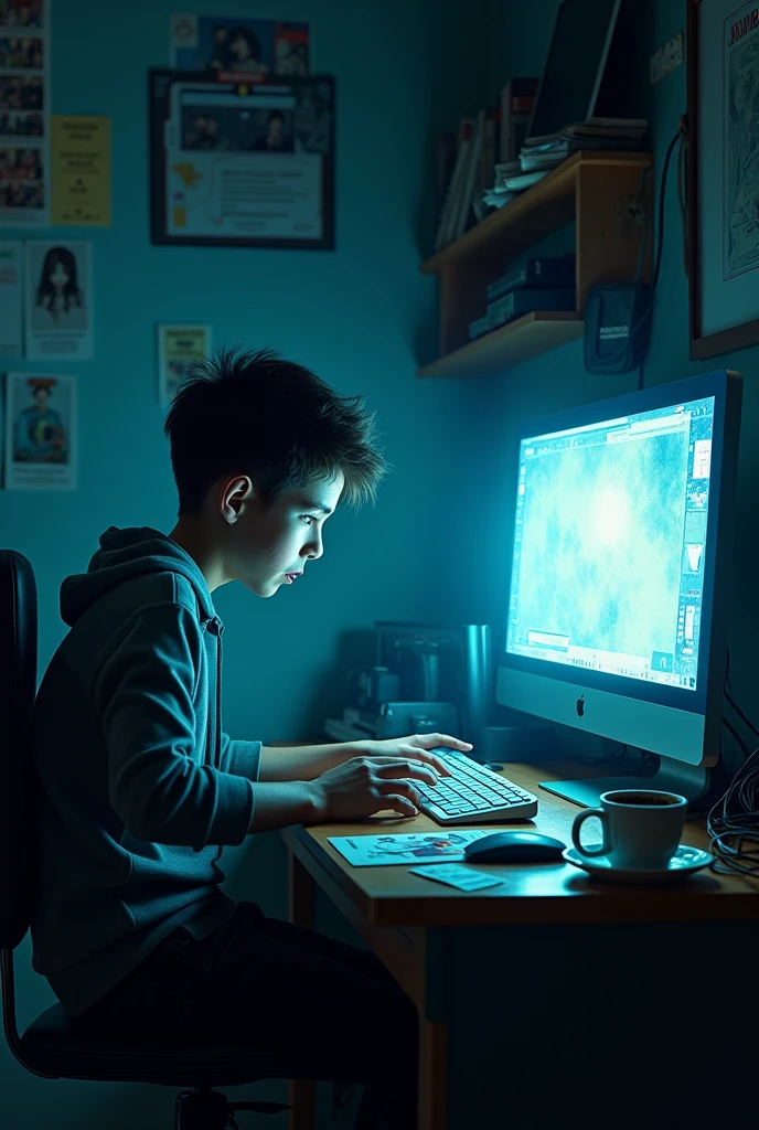 Desperate boy on his bedroom computer