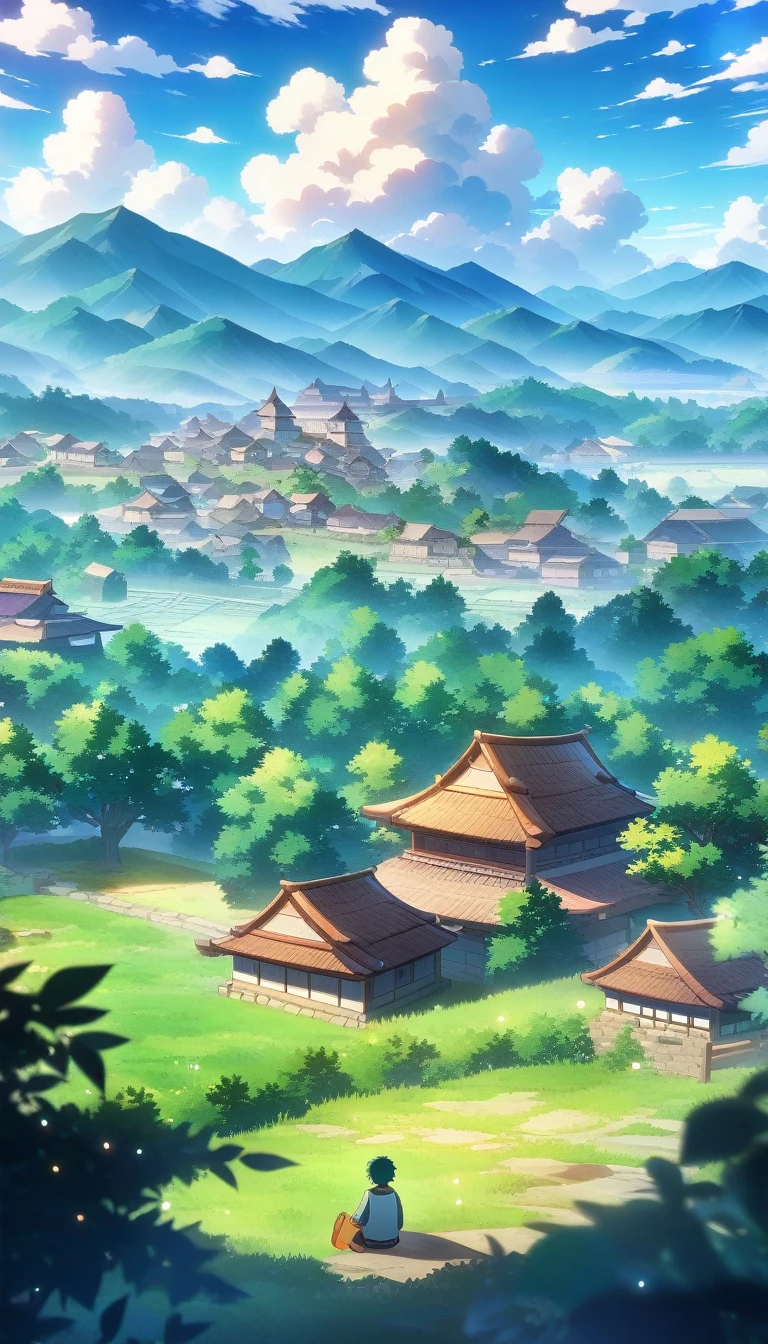 Anime style, hdr bright colors, sharp, a boy sitting under a tree holding guitar looking at far village, mountains and clouds, sharp, high quality, 4k anime