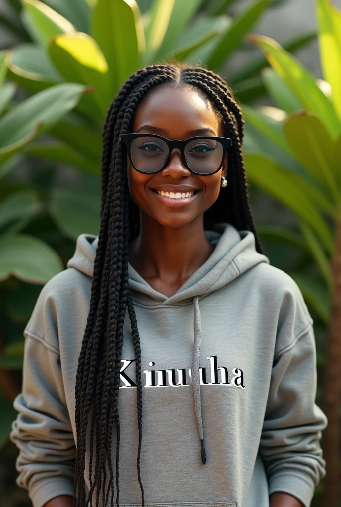 (photorealism:1.2), beautiful black African woman,22 years,baby face,sharp boobs, smiling,wearing a fitting hoodie written "KINUTHiA",long braids, black oversized photo chromatic glasses with grey lenses, standing , realistic intricate details,plants in background.Cardi B presentation 