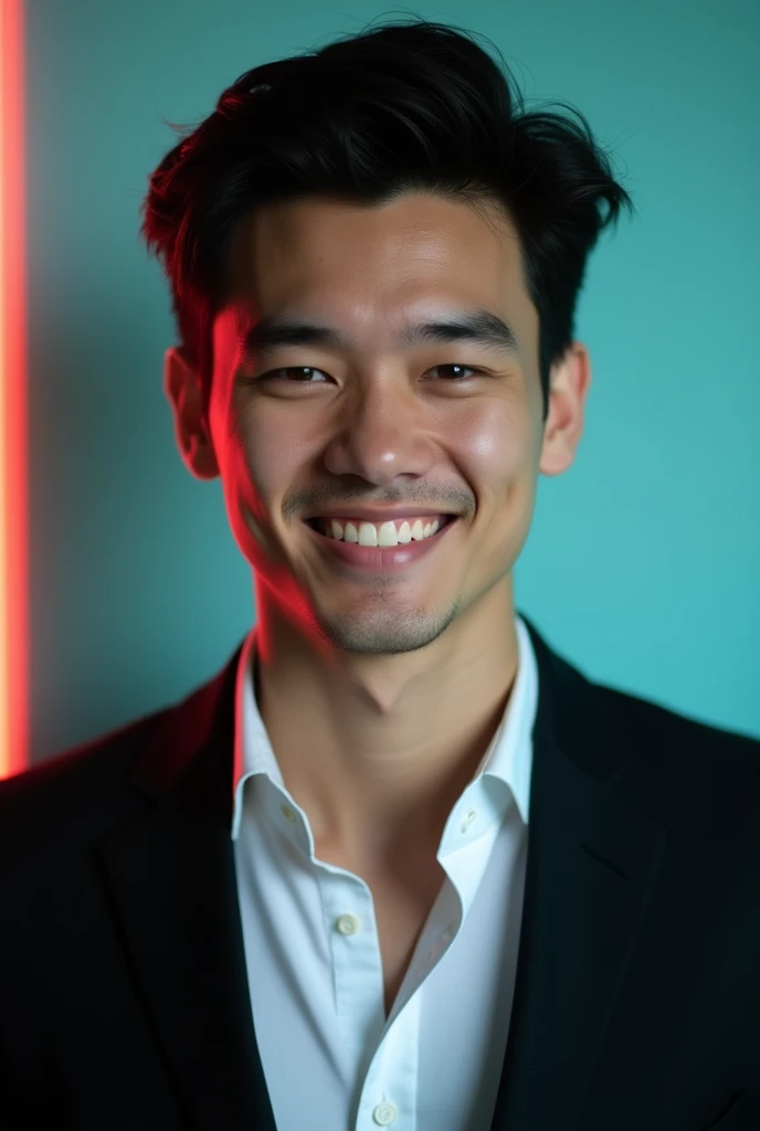 A young Man With Dark hair and a confident smile He is Dressed in a black blazer over a white shirt The man is positioned against aqua colour backdrop with a subtle red lighting on the left side and he posing for linkedin profile