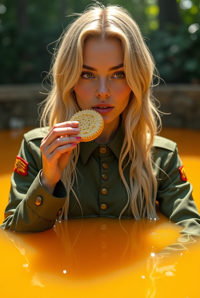 Beautiful blonde military woman bathing in orange juice and eating a cookie