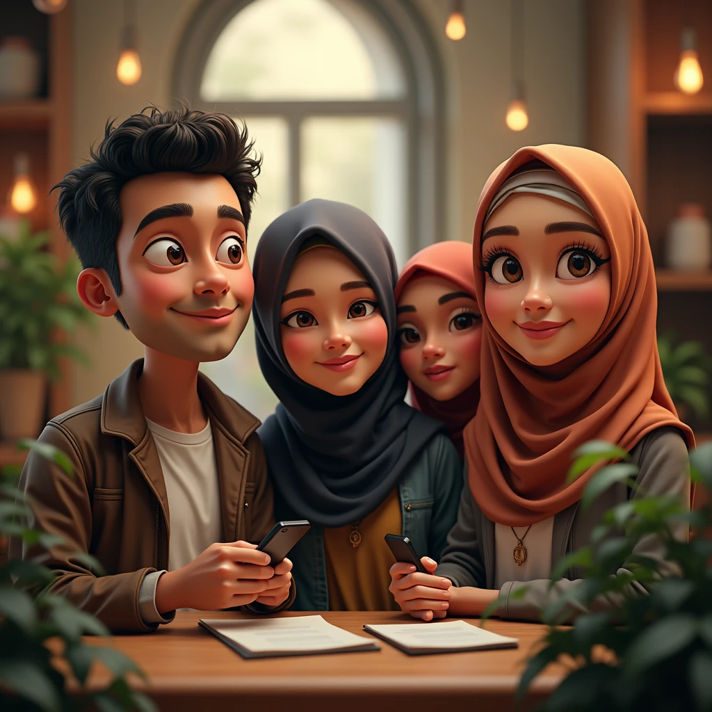 ((3 males sitting)) and ((3 hijabbed females)), caricaturized, cute face, just concentrate, casual fashion, fantasy art, happy expression, extreme detail, masterpiece, cinematic lighting, 4k, indoor background