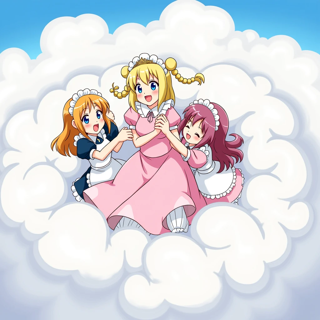 An anime-style illustration depicting maids and princess playfully wrestling with each other inside a pink comical fight cloud (dust cloud).
each maid has different  colored hair.one princss with blonde long braided and blue-eyes and pink-dress.
their faces,hands,and feet are visible emerging from the cloud as they tussle humorously,  with the rest of their bodies completely hidden inside the cloud.
the illustration emphasizes the humorous and energetic nature of their scuffle,with a fluffy  and exaggerated fight cloud.