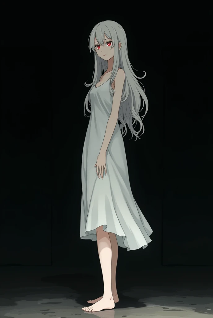 The image is in the style of a Ghibli studio anime., although somewhat gloomy and adult, It features a 20-year-old albino adult woman.. She is standing in front of a completely black wall, She has long hair and red eyes. She has a white dress that reaches her knees.. strong thighs. barefoot.