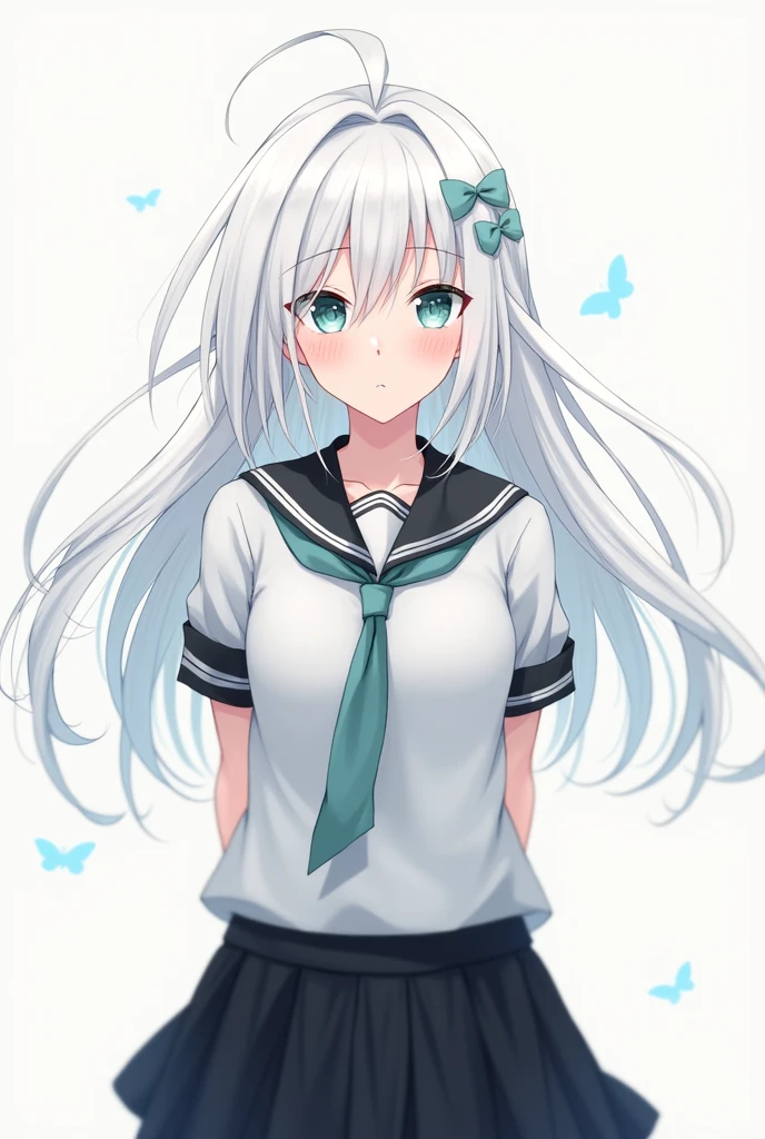 masterpiece, best quality, 1girl, looking at viewer, hair between eyes, aqua eyes, white hair, long hair, ribbon, hair ribbon, school uniform, pleated skirt, white shirt, black skirt, short sleeves, arms behind back, embarrassed, blush,