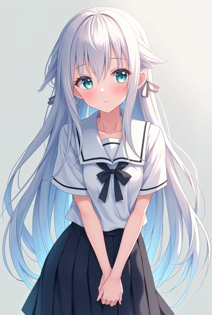 masterpiece, best quality, 1girl, looking at viewer, hair between eyes, aqua eyes, white hair, long hair, ribbon, hair ribbon, school uniform, pleated skirt, white shirt, black skirt, short sleeves, arms behind back, embarrassed, blush,