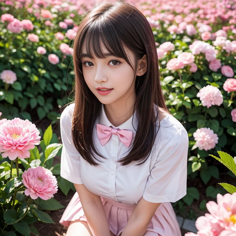 Pink short pleated skirt, in the flower field,Wearing a white sailor suit,white shirt,(knee shot) ,pink bow tie,Pink navy collar,1 female, On the face, laughing out loud, light brown hair, blunt bangs, hair behind ears, Shoulder-length hair, long hair, Slender body type, 超face slimming型, face slimming, delicate lips, beautiful eyes, Thin blush, Eyes are light brown,View here, (actual:1.3), One person's perspective, 8k, Super detailed, high quality, best quality, High resolution, ,Large Breasts,wear a H cup, 3,above knee shot