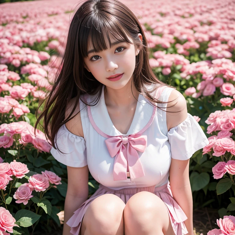 Pink short pleated skirt, in the flower field，Wearing a white sailor suit，white shirt，(knee shot) ,pink bow tie，Pink navy collar，1 female, On the face, laughing out loud, light brown hair, blunt bangs, hair behind ears, Shoulder-length hair, long hair, Slender body type, 超face slimming型, face slimming, delicate lips, beautiful eyes, Thin blush, Eyes are light brown,View here, (actual:1.3), One person's perspective, 8k, Super detailed, high quality, best quality, High resolution, ，Large Breasts，wear a H cup, 3,above knee shot