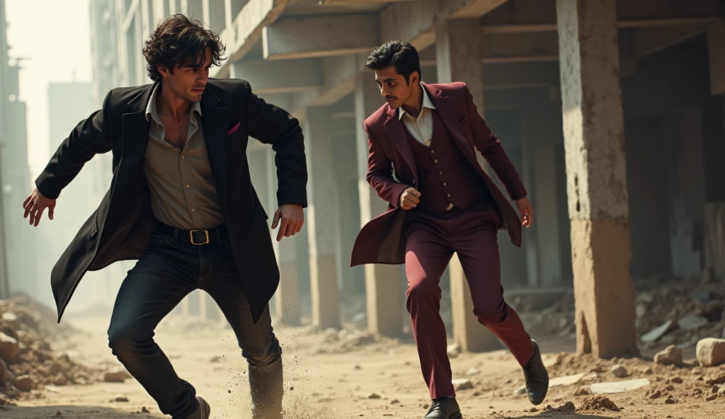 Two people were fighting under an Indian under construction building, one of them escaped saving his life, the one who escaped was a 25 year old man named Dani, he was wearing black jeans and black overcoat and the person who killed him and made him run away is Vicky who is 2 and is wearing a maroon 3 piece suit and he is watching that man running away