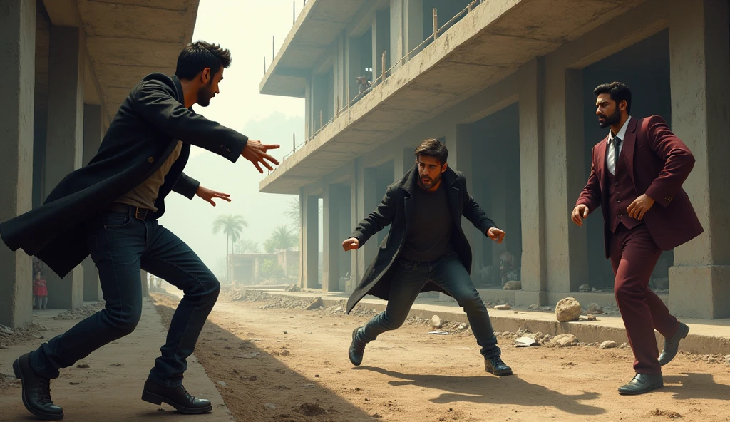Two people were fighting under an Indian under construction building, one of them escaped saving his life, the one who escaped was a 25 year old man named Dani, he was wearing black jeans and black overcoat and the person who killed him and made him run away is Vicky who is 2 and is wearing a maroon 3 piece suit and he is watching that man running away