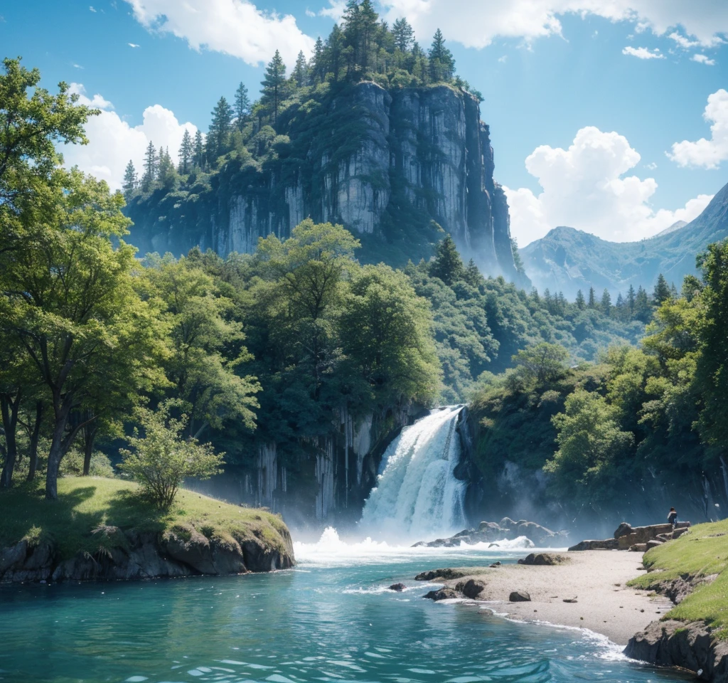 masterpiece, best quality, high quality, Extremely detailed CG unity 8k wallpaper, landscape, outdoor, sky空, cloud, sky, No humans, Mountain, landscape, water, Tree, blue sky空, waterfall, cliff, nature, lake, river, cloudy sky空,Award-winning photography, Bokeh, Depth of Field, HDR, bloom, Chromatic Aberration ,Reality,Extremely detailed, Popular on artstation, Popular on CGsociety, complex, High Detail, dramatic, midjourney's Artwork