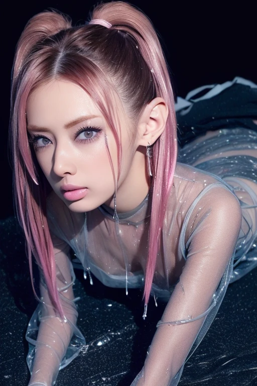 (((Anatomically correct)))、((Soaked clothes:1.8))、(It gets wet and sticks to the skin See-through clothing:1.8)、(Camera angle from the side)、High-quality work,Realistic works,Super premium graphics,8K HD CG works,high quality graphics,High-definition and exquisite CG works,10x pixels,Ultra-fine details:1.1,Advanced technical details:1.1Realistic photo effects,Interior lighting effects:1.5,natural soft light:1.5. Light effect(Virtual light effects:1.8),Ultra-high resolution,shining dress,Cang,((Dreadlocks))、(red hair),transparenthair,high detailed hair(Quality hair details:1.1)Clear eyes,Double eyelids look good,Sharp eye makeup, Create exquisite eyelash makeup, tthin eyebrows, Ultra-detailed eyes,a tall nose, lovely red lips, rosey cheeks, With delicate makeup on her face , pretty face, The face shape is perfectly proportioned,(Advanced facial details:1.1)"((Hyper-realistic)) cyborg, Sorayama-esque, ((glossy chrome body)), ((translucent glass limbs)), leather outfit, ((girl with attitude)), dynamic lighting, intricate reflections, ((edgy cyberpunk atmosphere)).,Women's artwork,Dress full body video,Reality,Amazing Cleavage,My eyes are very bri、((Random Hairstyle))、(Twin tails)、((Random Camera angle))、(Camera angle from above)、hair accessory、Amethyst hair accessory、((Red and silver gradient hair))、(Whole body shot)、Tattoo on shoulder、(5 denier shiny black stockings)
(On all fours)、((Extend your arms towards the viewer))、Bun Hair、
