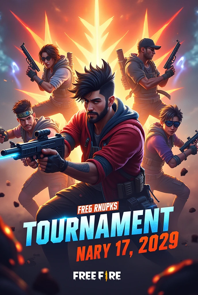Visual Theme:

Dynamic Action: Show intense in-game action with players in combat or epic moments.
Vibrant Colors: Use bold colors to capture attention—bright oranges, reds, and blues that reflect the game's energetic and fast-paced nature.
Game Elements: Include recognizable game elements like characters, weapons, or the iconic Free Fire logo.
Text Elements:

Title: "Ultimate Free Fire Tournament"
Subtitle: "Prove Your Skills and Claim Victory!"
Details: Include the date, time, and location or online platform, as well as registration details.
Call to Action: "Sign Up Now!" or "Join the Fight!"
Design Tips:

Focus: Use high-quality images or renderings of characters in action to grab attention.
Contrast: Ensure text is easily readable against the background by using contrasting colors or adding text shadows.
Layout: Keep the layout clean and organized, with a balance between visuals and text to ensure all important details are clear.
This approach should make your poster eye-catching and informative, drawing players into the excitement of the tournament.
