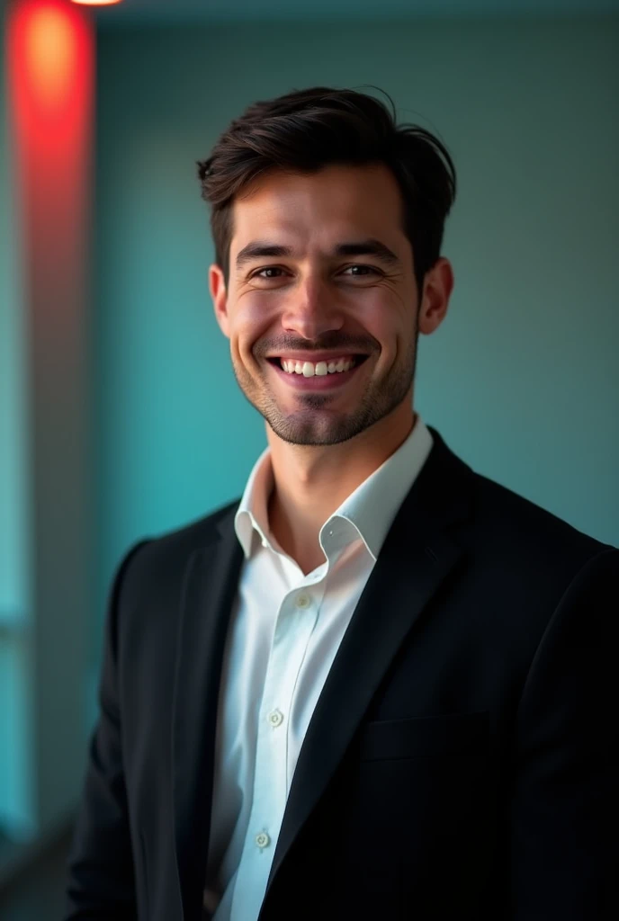 A young man with dark hair and a confident smile. He is dressed in a black blazer over a white shirt. The man is positioned against aqua colour backdrop with a subtle red lighting on the left side. and he posing for Linkedin profile