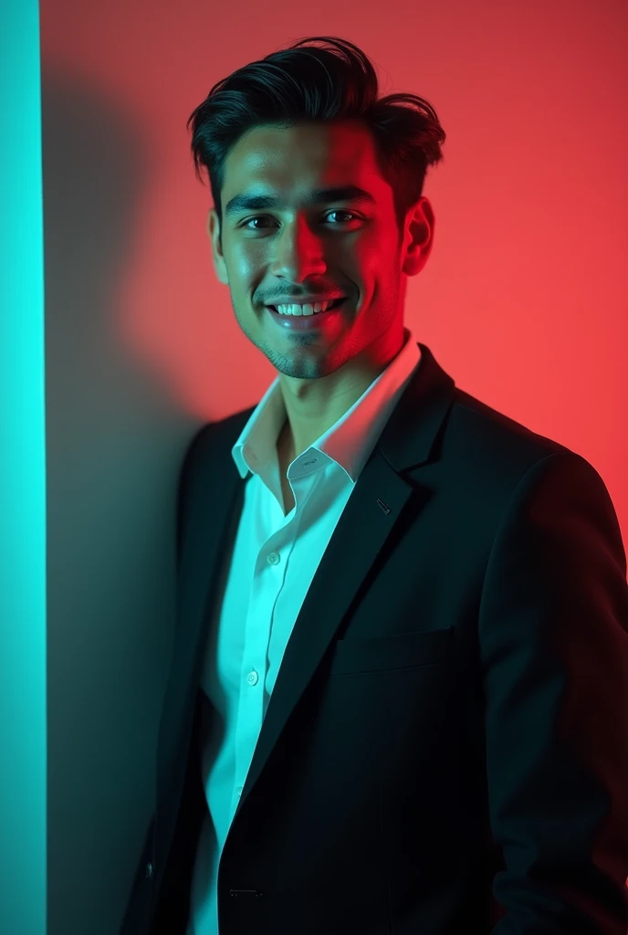 A young man with dark hair and a confident smile. He is dressed in a black blazer over a white shirt. The man is positioned against aqua colour backdrop with a subtle red lighting on the left side. and he posing for Linkedin profile