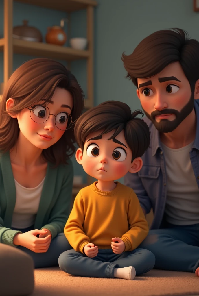 worried boy telling something to his mom and dad