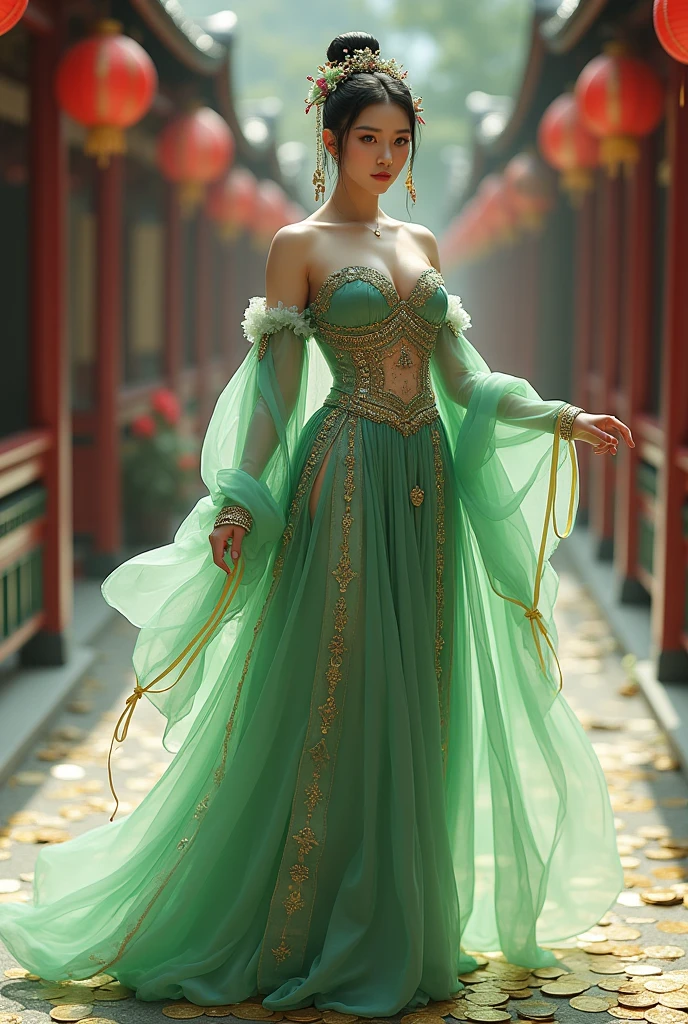 Chinese girl with coins gold , thick body, curvy body, curvy waist, big breast, white skin, gorgeous costumes embroidered with intricate embroidery, exposed breasts, flowing tulle, transparent long colorful ribbons tied on the arms, inspired by chinese movie, showing navel, bare shoulders, bare neck, hair in a high bun with flower hairpins, ribbons on arm rings, wreaths, bracelets, anklets, high heels, metal chain tassels on the waist, Mogao Grottoes art, ink painting, cgstation pop, in the city, ((fullbody)), ((super realistic)), green, green, green