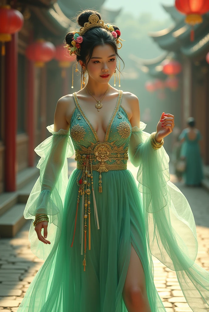 Chinese girl with coins gold , thick body, curvy body, curvy waist, big breast, white skin, gorgeous costumes embroidered with intricate embroidery, exposed breasts, flowing tulle, transparent long colorful ribbons tied on the arms, inspired by chinese movie, showing navel, bare shoulders, bare neck, hair in a high bun with flower hairpins, ribbons on arm rings, wreaths, bracelets, anklets, high heels, metal chain tassels on the waist, Mogao Grottoes art, ink painting, cgstation pop, in the city, ((fullbody)), ((super realistic)), green, green, green