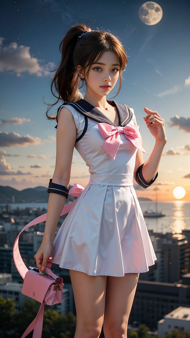 A beautiful young woman，Has long brown hair，Ponytail, Green Eyes, Height 170cm, Sailor Moon Under the Moon, Sailor Jupiter, 가슴 쪽 Pink Ribbon, Pink Ribbon, All ribbons are pink, You can see the scenery from a high place, Height 172cm, You are in great shape., I also like to exercise, 