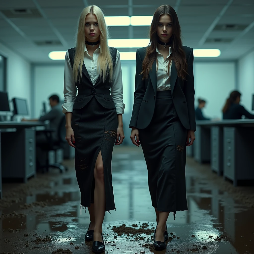 A dramatic photograph taken in an office setting features two different slender business ladies, each with a model appearance, blonde and brunette stand in flirty poses on the muddy floor. Their very long, straight hair is disheveled, stained in liquid mud, cascades over their shoulders as they look directly at the viewer. They are dressed in dark elegant business skirt suits made from cotton and wool fabric, including long business pencil skirts, torn and ripped jackets, vests, torn white button-up shirts. The jackets, vests, and skirts are soiled with a thick, white and transparent, viscous liquid that drips down their clothing, creating a striking contrast against the cotton fabric. The liquid covers their clothing, leaving visible stains and streaks. They wear black chokers around their necks, adding to the eerie and unsettling atmosphere. Their smear dirt on own clothes. The background shows a typical office environment with rows of fluorescent lights arranged in a grid pattern on the ceiling, casting a cool, dim light throughout the scene. The lighting is artificial and evenly distributed, highlighting the subjects' faces and upper bodies while creating soft shadows. The overall mood is dark, intense, and eerie, emphasized by the low-key lighting and the contrast between the clean, organized office space and the disheveled appearance of the women. The cool color palette and high contrast between the subjects and their surroundings contribute to the dramatic atmosphere, creating a sense of tension and foreboding in this surreal, otherworldly setting.