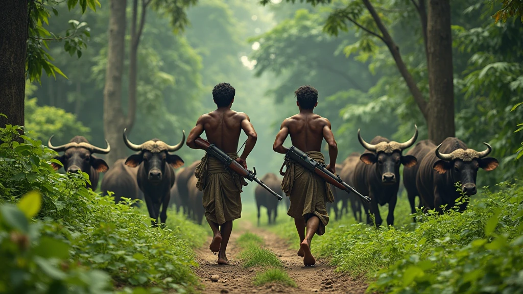 Two Indonesian hunters with guns run after a herd of buffalo in the forest near their house. Villagers look from behind, looking from behind 8k  