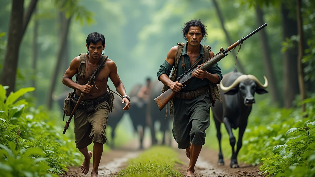Two Indonesian hunters with guns run after a herd of buffalo in the forest near their house. Villagers look from behind, looking from behind 8k