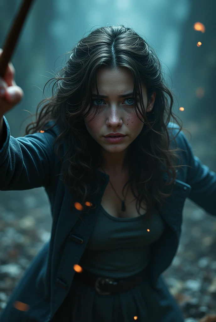 A woman with wavy dark brown hair and blue eyes pointing her wand at a man from behind, she was crying. don't show the man's face