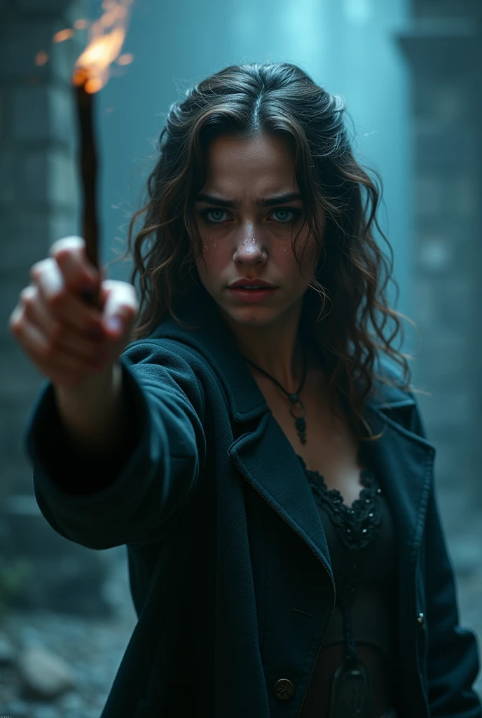 A woman with wavy dark brown hair and blue eyes pointing her wand at a man from behind, she was crying. don't show the man's face