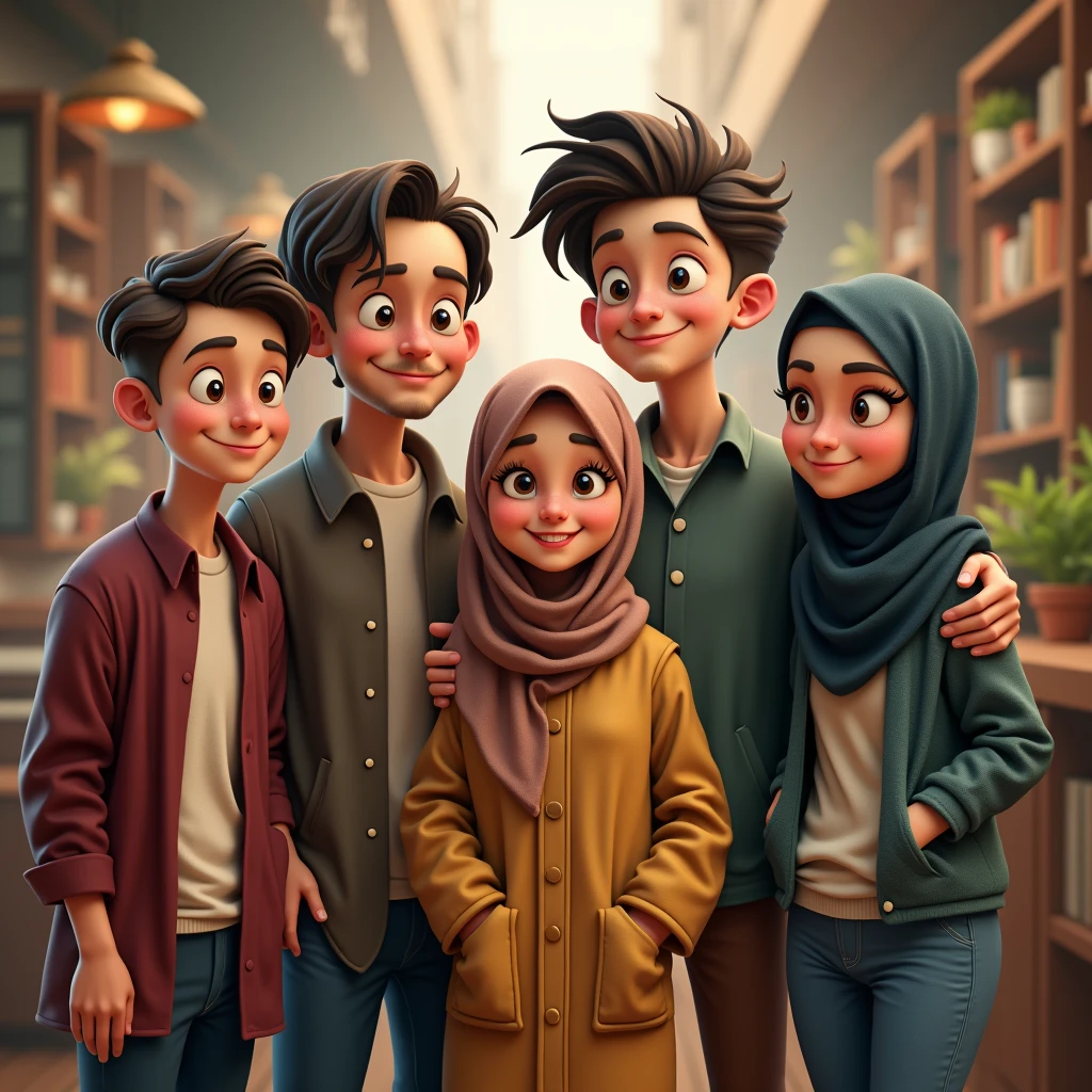 ((3 males sitting)) and ((3 hijabbed females)), caricaturized, cute face, just concentrate, casual fashion, fantasy art, happy expression, extreme detail, masterpiece, cinematic lighting, 4k, indoor background