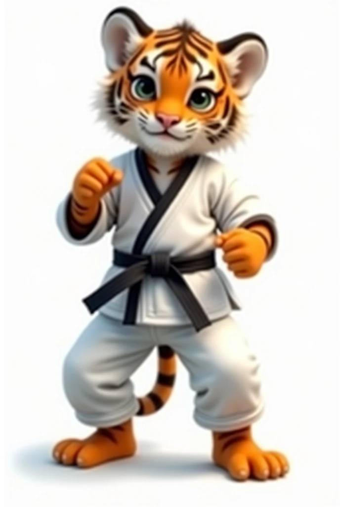 tiger cub in karate costume on white background