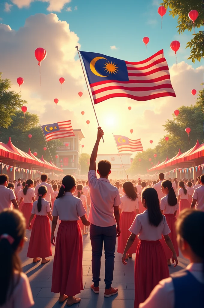At klcc with a group of students , family are holding a flag to celebrating independence days .aspect ratio 16:9