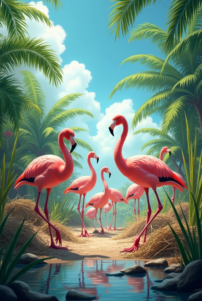 Visualize a group of flamingos engaging in laborious tasks within a colorful, tropical setting. The flamingos are involved in activities such as gathering reeds, constructing nests, or even operating simple tools like shovels and rakes. They work together in harmony, their bright pink feathers standing out against the lush green foliage and clear blue skies. The scene captures the unique combination of elegance and industriousness, with the flamingos' graceful movements contrasting with the physical effort of their tasks."