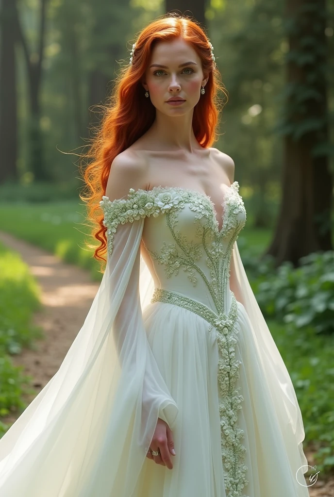 Lady Morgana tyrell , protector of the countryside,the most beautiful woman in Westeros, hair as red as a peach, Pele branca como a neve, rosy cheeks and mouth, sculptural body, wearing a white wedding dress, with some light green embroidered roses, with some details in rhinestones, full body dress 